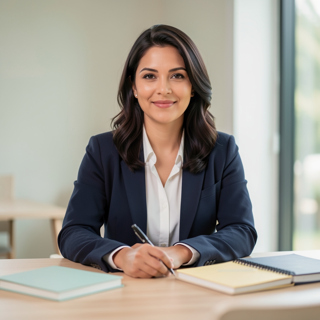 Editorial portrait of a qualified nutrition professional at a light wooden desk with notebooks and natural daylight from a tall window