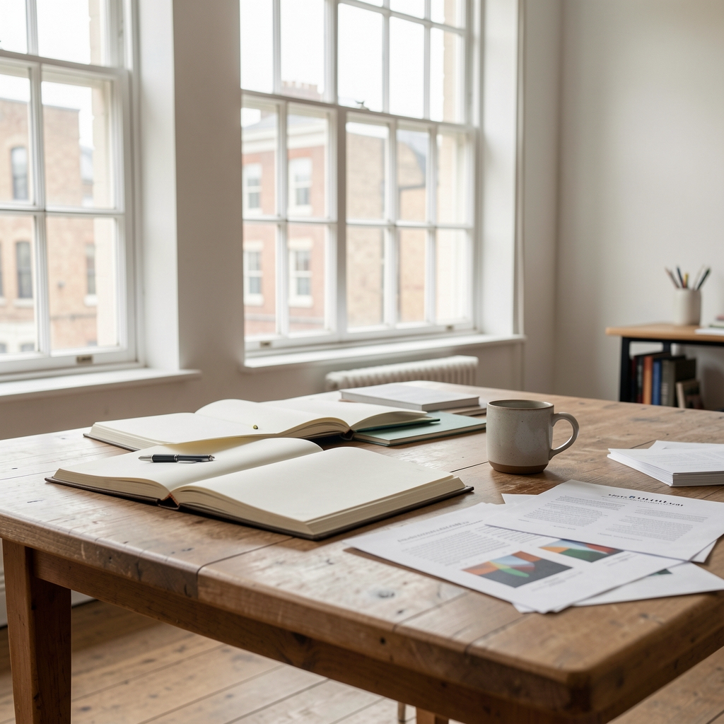 Quiet editorial workspace in London with notebooks, seasonal produce and morning window light