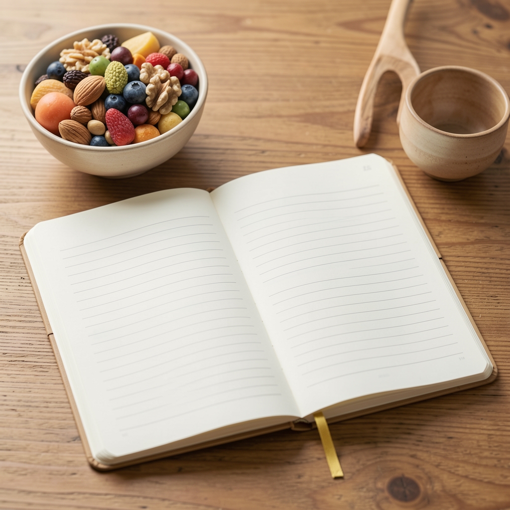 Open food journal notebook on a wooden desk beside a bowl of whole foods, soft diffused light